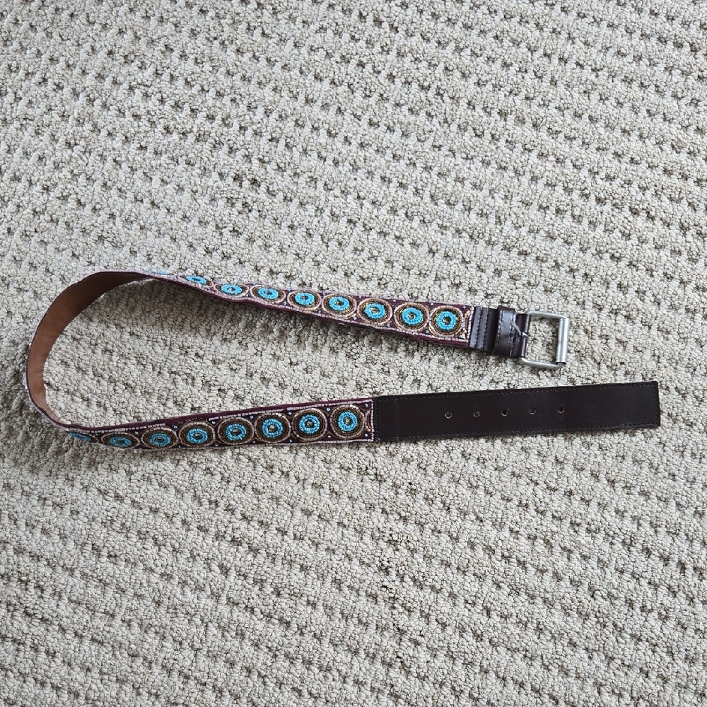 Beaded Leather Belt with Blue Turquoise Accents Med/Lg